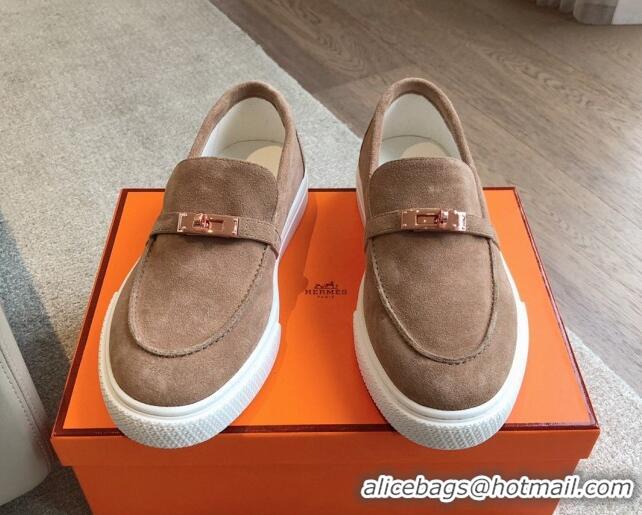 Good Product Hermes Game Suede Slip-on Sneakers with Kelly Buckle Light Brown 425096