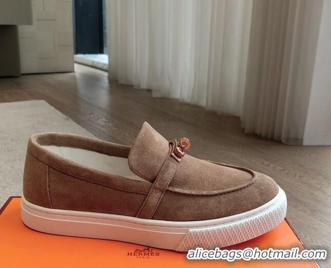 Good Product Hermes Game Suede Slip-on Sneakers with Kelly Buckle Light Brown 425096