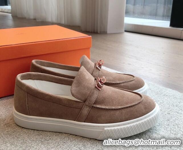 Good Product Hermes Game Suede Slip-on Sneakers with Kelly Buckle Light Brown 425096