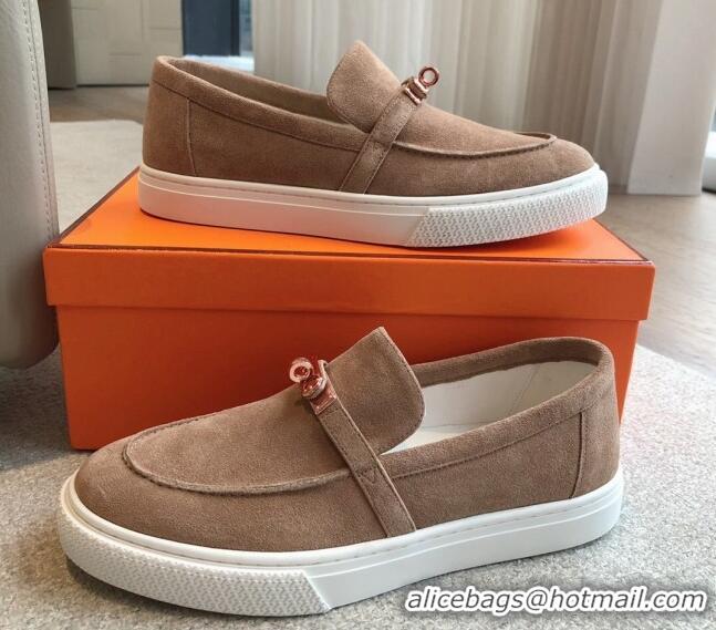 Good Product Hermes Game Suede Slip-on Sneakers with Kelly Buckle Light Brown 425096