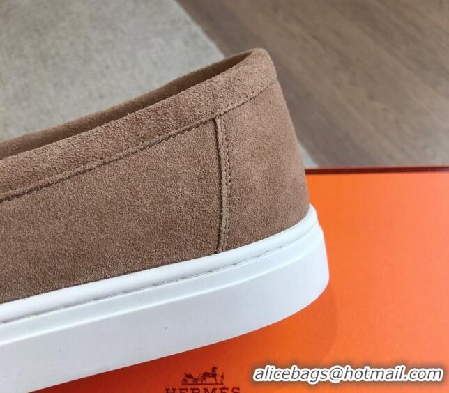 Good Product Hermes Game Suede Slip-on Sneakers with Kelly Buckle Light Brown 425096