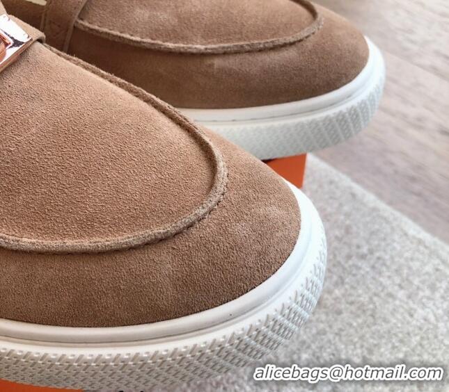 Good Product Hermes Game Suede Slip-on Sneakers with Kelly Buckle Light Brown 425096