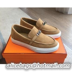 Leisure Hermes Game Suede Slip-on Sneakers with Kelly Buckle Brown Yellow 425097