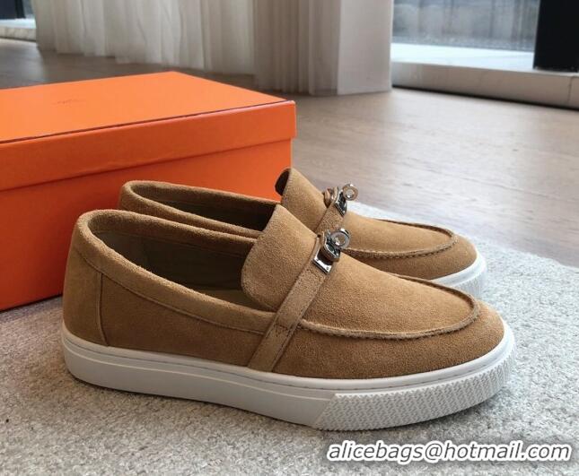 Leisure Hermes Game Suede Slip-on Sneakers with Kelly Buckle Brown Yellow 425097