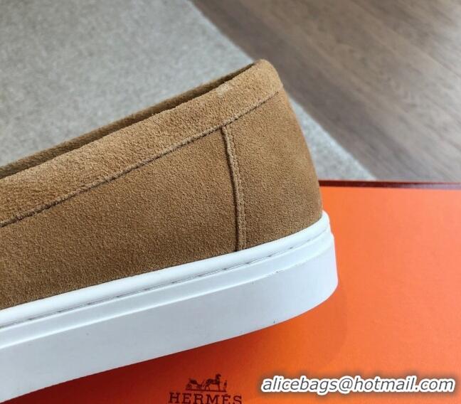 Leisure Hermes Game Suede Slip-on Sneakers with Kelly Buckle Brown Yellow 425097