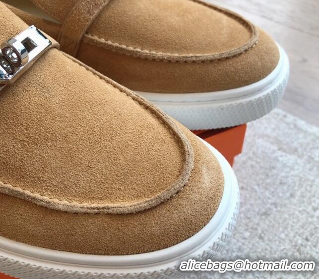 Leisure Hermes Game Suede Slip-on Sneakers with Kelly Buckle Brown Yellow 425097