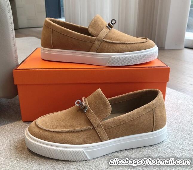 Leisure Hermes Game Suede Slip-on Sneakers with Kelly Buckle Brown Yellow 425097