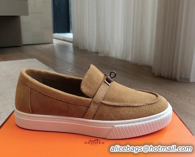 Leisure Hermes Game Suede Slip-on Sneakers with Kelly Buckle Brown Yellow 425097