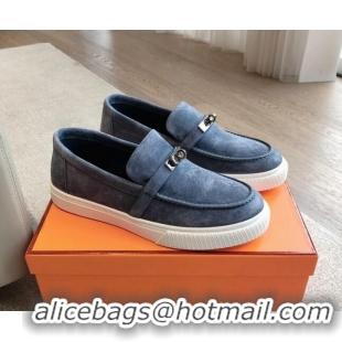 Good Quality Hermes Game Suede Slip-on Sneakers with Kelly Buckle Dark Blue 425099