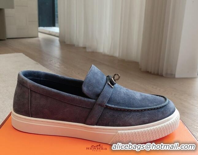 Good Quality Hermes Game Suede Slip-on Sneakers with Kelly Buckle Dark Blue 425099