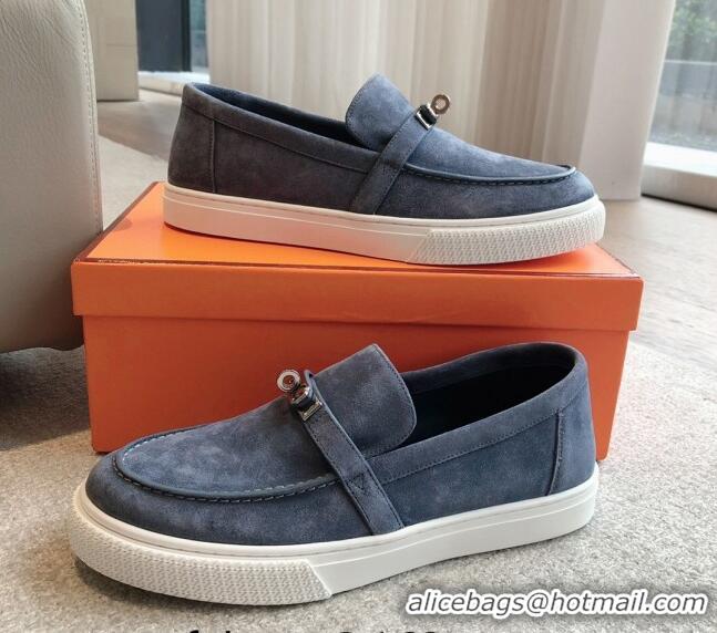 Good Quality Hermes Game Suede Slip-on Sneakers with Kelly Buckle Dark Blue 425099