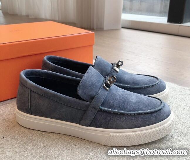 Good Quality Hermes Game Suede Slip-on Sneakers with Kelly Buckle Dark Blue 425099