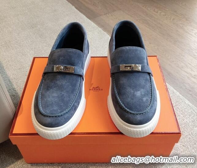 Good Quality Hermes Game Suede Slip-on Sneakers with Kelly Buckle Dark Blue 425099