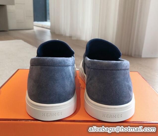 Good Quality Hermes Game Suede Slip-on Sneakers with Kelly Buckle Dark Blue 425099