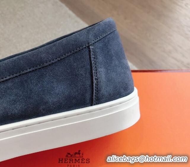 Good Quality Hermes Game Suede Slip-on Sneakers with Kelly Buckle Dark Blue 425099