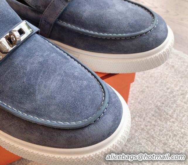 Good Quality Hermes Game Suede Slip-on Sneakers with Kelly Buckle Dark Blue 425099