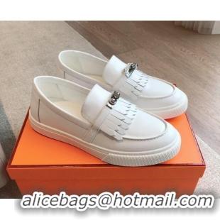 Shop Duplicate Hermes Game Calfskin Slip-on Sneakers with Kelly Buckle and Fringe White 425100