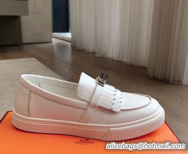 Shop Duplicate Hermes Game Calfskin Slip-on Sneakers with Kelly Buckle and Fringe White 425100