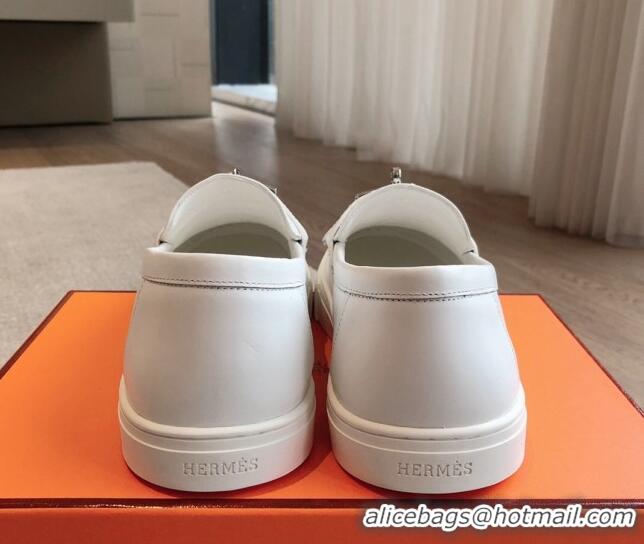 Shop Duplicate Hermes Game Calfskin Slip-on Sneakers with Kelly Buckle and Fringe White 425100