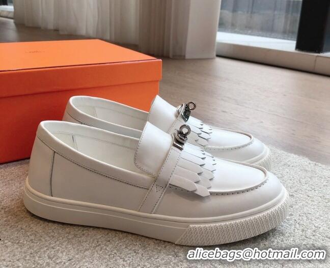 Shop Duplicate Hermes Game Calfskin Slip-on Sneakers with Kelly Buckle and Fringe White 425100