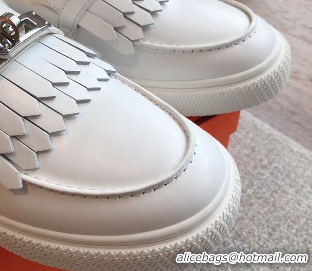 Shop Duplicate Hermes Game Calfskin Slip-on Sneakers with Kelly Buckle and Fringe White 425100