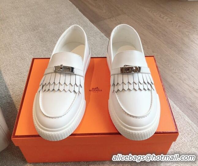 Shop Duplicate Hermes Game Calfskin Slip-on Sneakers with Kelly Buckle and Fringe White 425100