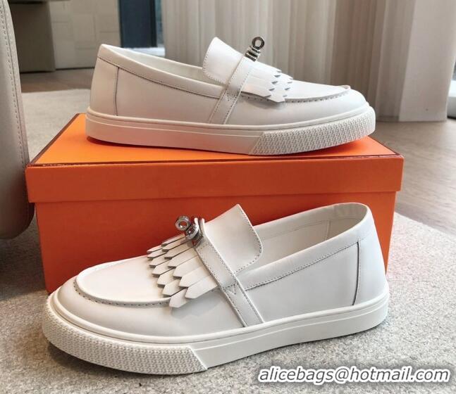 Shop Duplicate Hermes Game Calfskin Slip-on Sneakers with Kelly Buckle and Fringe White 425100