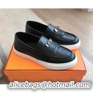 Top Grade Hermes Game Calfskin Slip-on Sneakers with Kelly Buckle and Fringe Black 425101