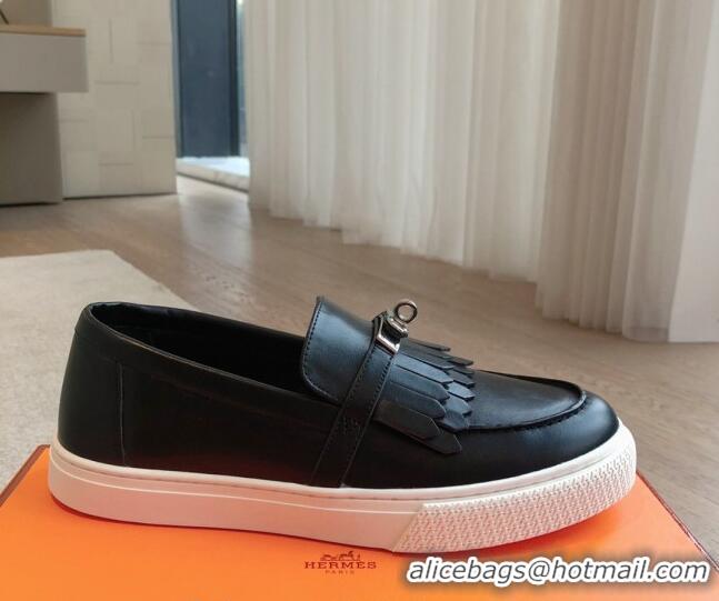 Top Grade Hermes Game Calfskin Slip-on Sneakers with Kelly Buckle and Fringe Black 425101