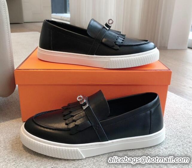 Top Grade Hermes Game Calfskin Slip-on Sneakers with Kelly Buckle and Fringe Black 425101