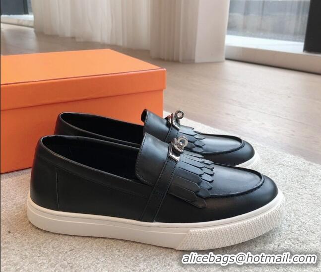 Top Grade Hermes Game Calfskin Slip-on Sneakers with Kelly Buckle and Fringe Black 425101