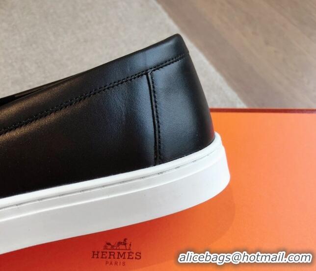 Top Grade Hermes Game Calfskin Slip-on Sneakers with Kelly Buckle and Fringe Black 425101