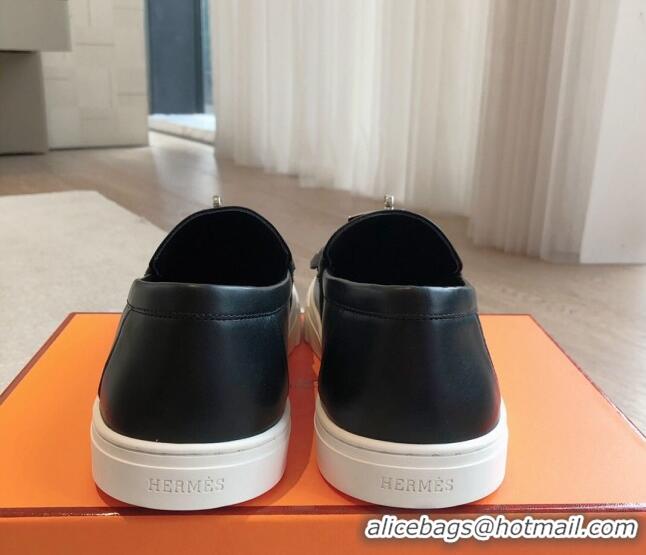 Top Grade Hermes Game Calfskin Slip-on Sneakers with Kelly Buckle and Fringe Black 425101