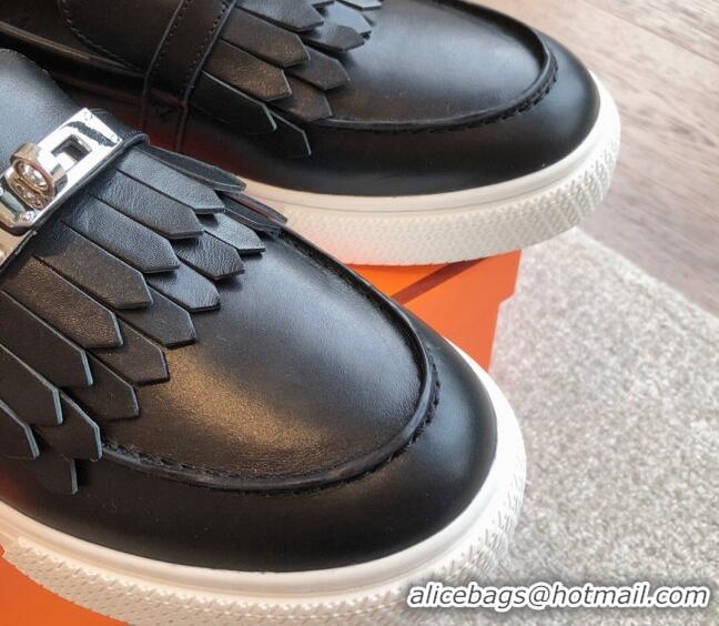 Top Grade Hermes Game Calfskin Slip-on Sneakers with Kelly Buckle and Fringe Black 425101