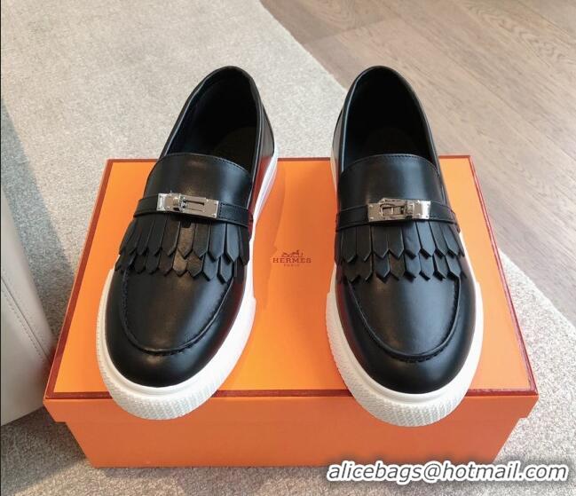 Top Grade Hermes Game Calfskin Slip-on Sneakers with Kelly Buckle and Fringe Black 425101