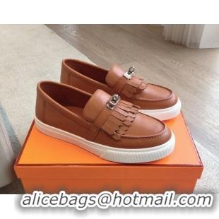 Best Price Hermes Game Calfskin Slip-on Sneakers with Kelly Buckle and Fringe Brown 425102