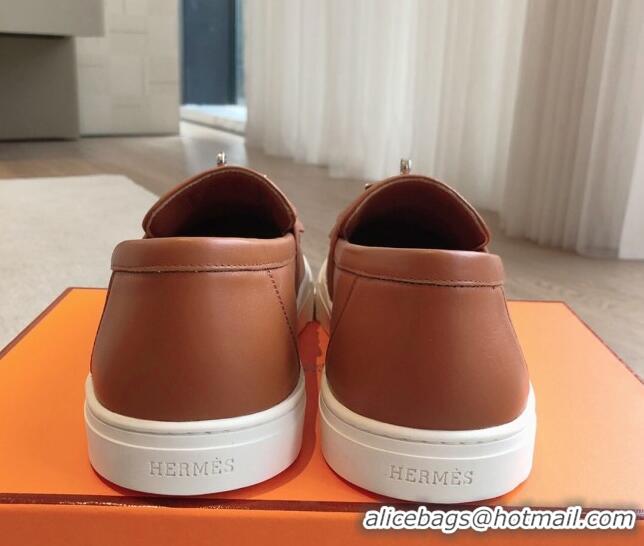 Best Price Hermes Game Calfskin Slip-on Sneakers with Kelly Buckle and Fringe Brown 425102