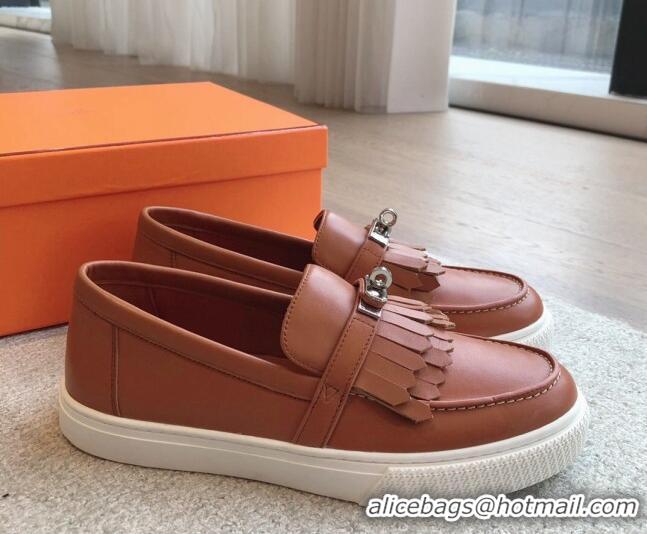 Best Price Hermes Game Calfskin Slip-on Sneakers with Kelly Buckle and Fringe Brown 425102