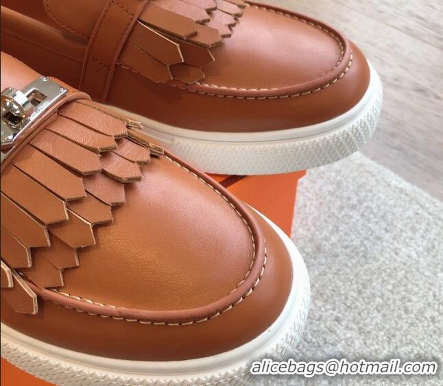 Best Price Hermes Game Calfskin Slip-on Sneakers with Kelly Buckle and Fringe Brown 425102