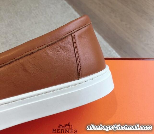 Best Price Hermes Game Calfskin Slip-on Sneakers with Kelly Buckle and Fringe Brown 425102