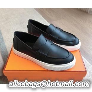 Stylish Hermes Ike Calfskin Slip-on Sneakers with H cut-out Black 425103