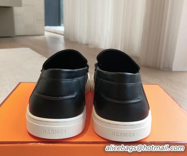 Stylish Hermes Ike Calfskin Slip-on Sneakers with H cut-out Black 425103