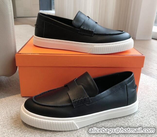 Stylish Hermes Ike Calfskin Slip-on Sneakers with H cut-out Black 425103