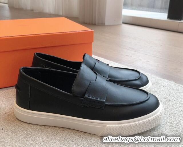 Stylish Hermes Ike Calfskin Slip-on Sneakers with H cut-out Black 425103