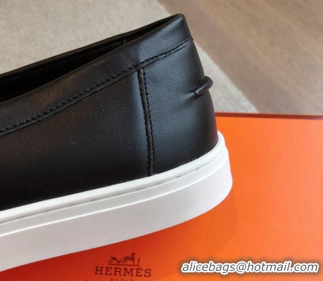 Stylish Hermes Ike Calfskin Slip-on Sneakers with H cut-out Black 425103