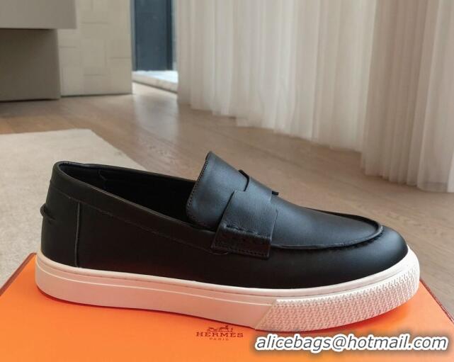 Stylish Hermes Ike Calfskin Slip-on Sneakers with H cut-out Black 425103