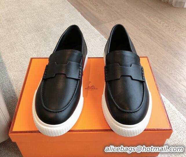 Stylish Hermes Ike Calfskin Slip-on Sneakers with H cut-out Black 425103