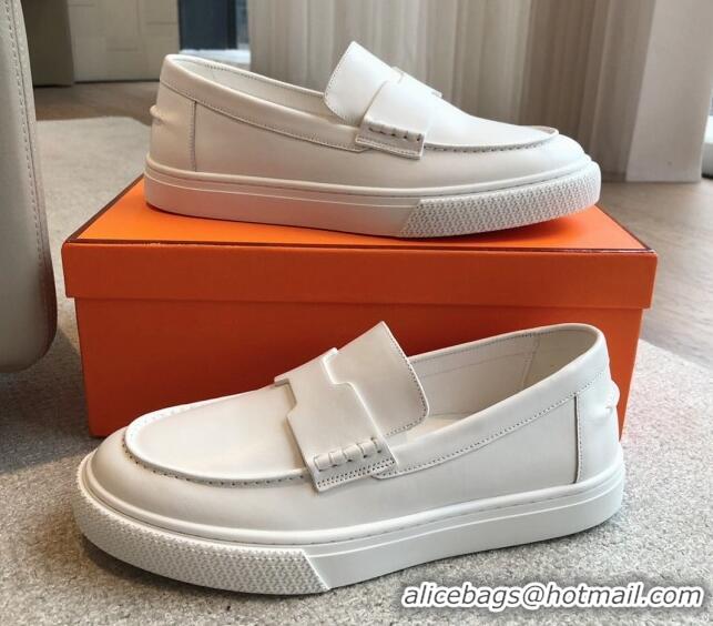 Popular Style Hermes Ike Calfskin Slip-on Sneakers with H cut-out White 425104