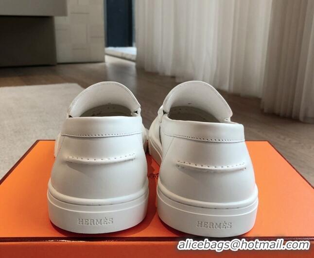 Popular Style Hermes Ike Calfskin Slip-on Sneakers with H cut-out White 425104