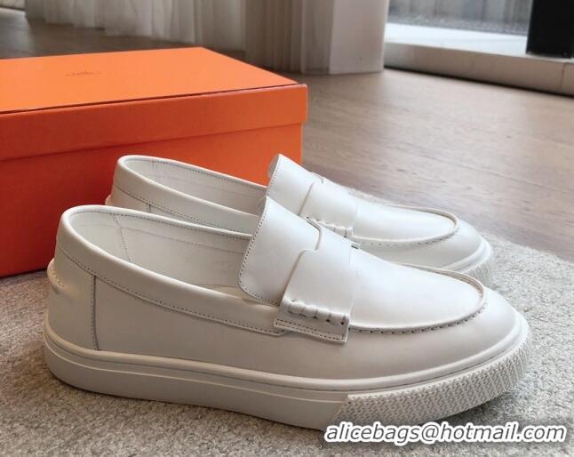 Popular Style Hermes Ike Calfskin Slip-on Sneakers with H cut-out White 425104